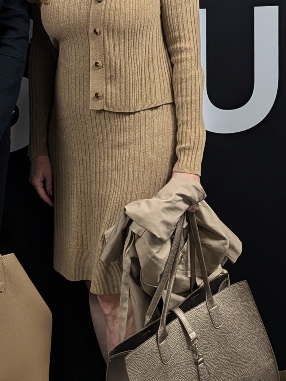 Halogen Ribbed Knit Dress With Cardigan In Camel - Picture 5 of 6